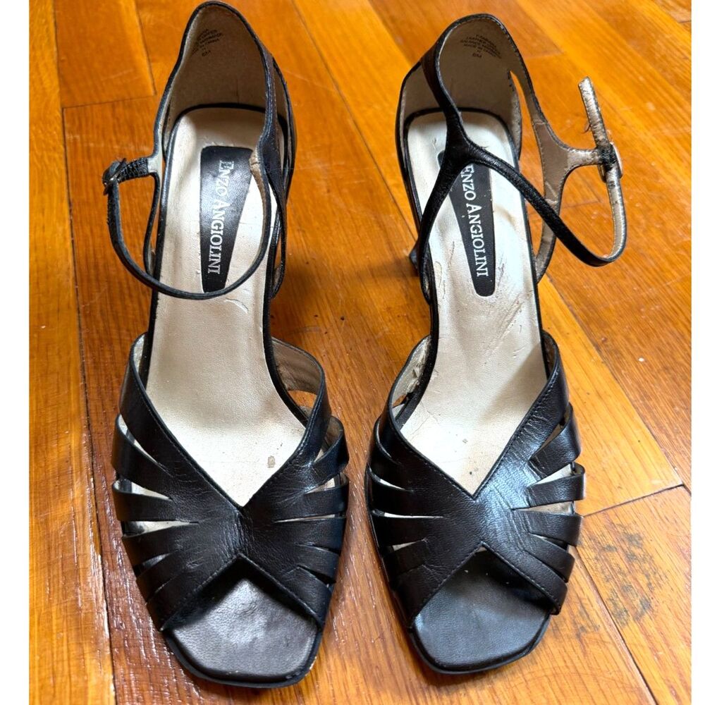 Vintage 90s Black Leather Strappy Cage Heels Open Toe Ankle Strap Sz 6